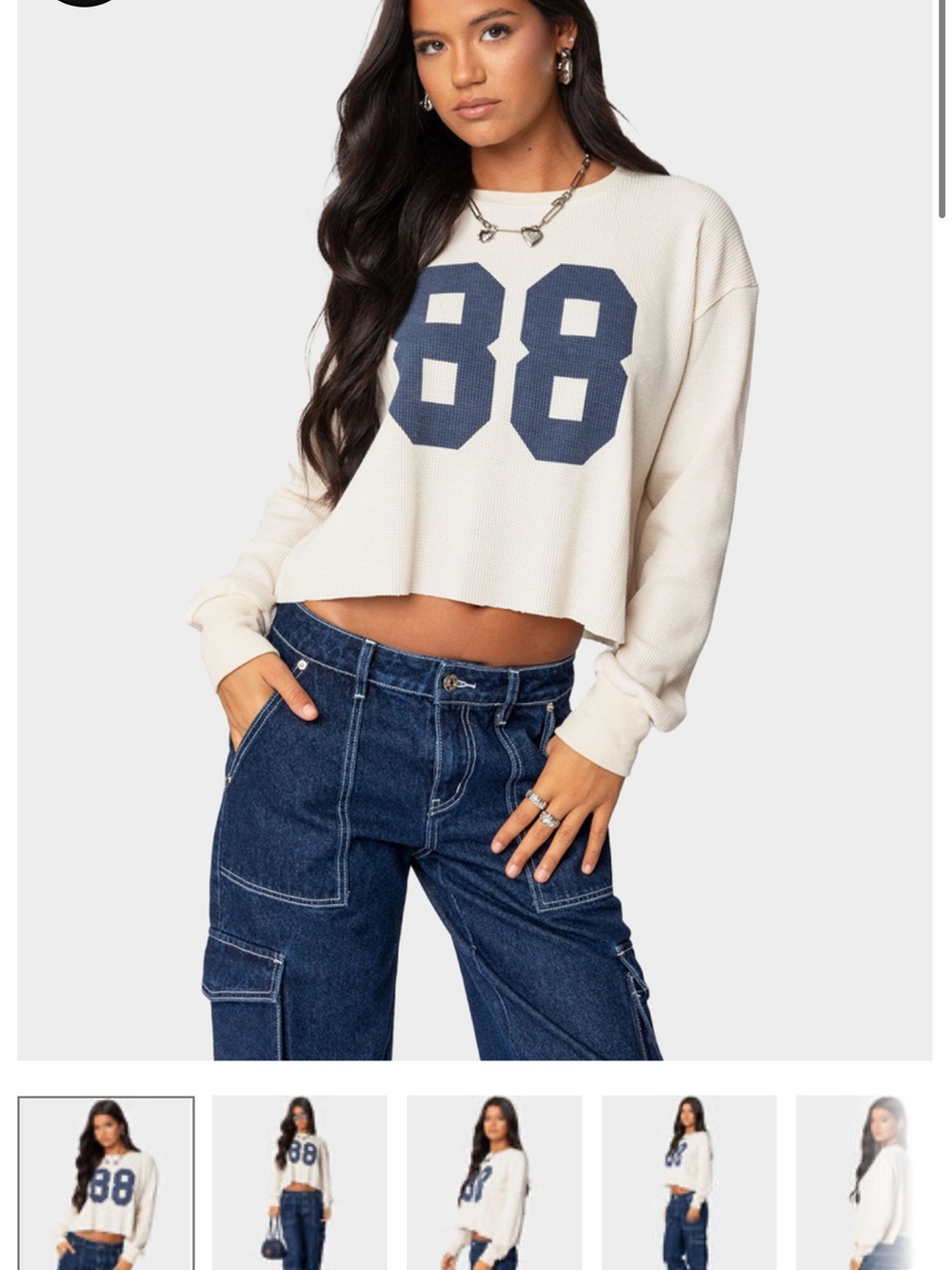 Edikted Cream Cropped Waffle Sweatshirt with Navy '88' Graphic 0609
